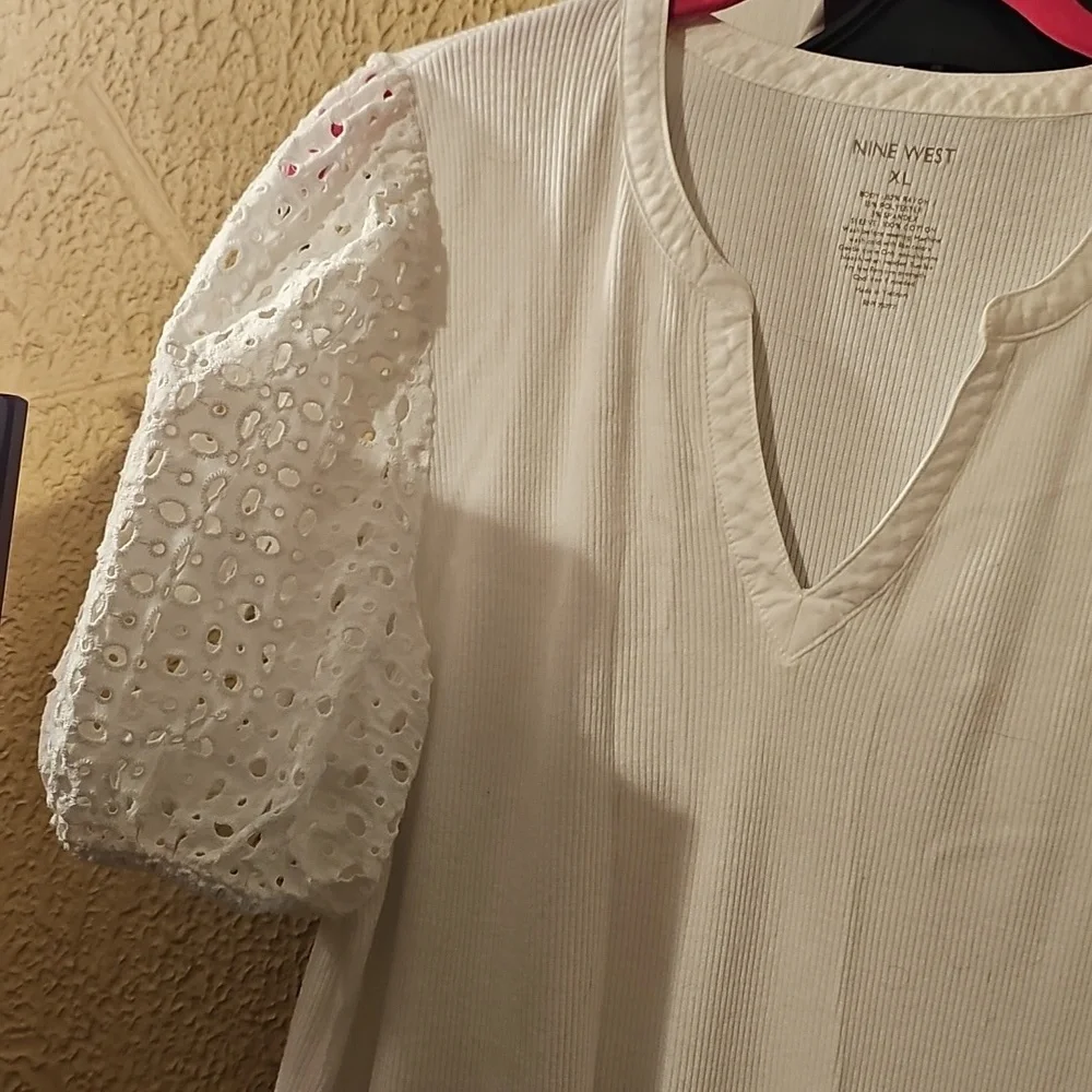 Nine West White Puff Sleeve Ruffled Blouse - Picture 2 of 8